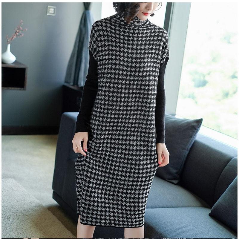 Women Black Houndstooth Knitting Stretch Sweater Dress Winter Female Dresses Vestido Clothing Robes