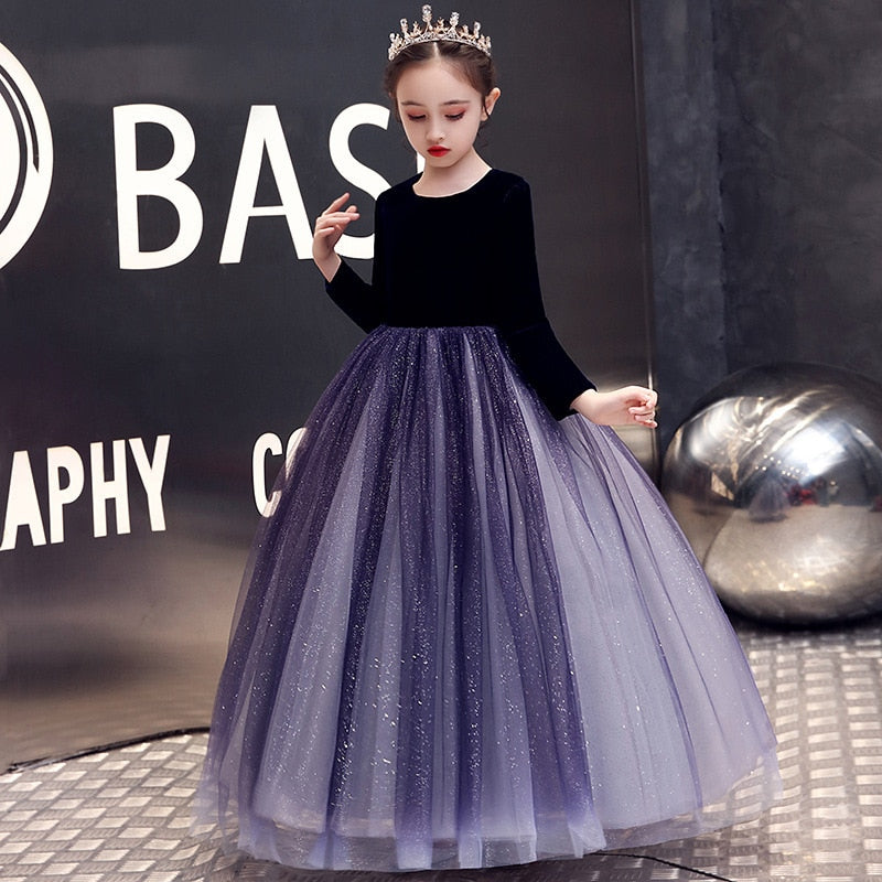 Kids Tulle Prom Ball Gowns Children's  Evening Dress Long Sleeve Polka Dot Mesh Girl Ball Gown Show Piano Party Princess Dresses