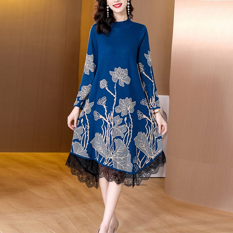 Winter Casual Elegant Warm Loose Jacquard Knited Sweater Dress 2022 Autumn Women Bodycon Turtleneck Long Wool Sweates