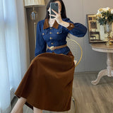 French Vintage Suit Fall Winter Two Pieces Set Women's Lapel Single-Breaste Belt Slim Denim Jacket Top+A Line Skirt Suit G237