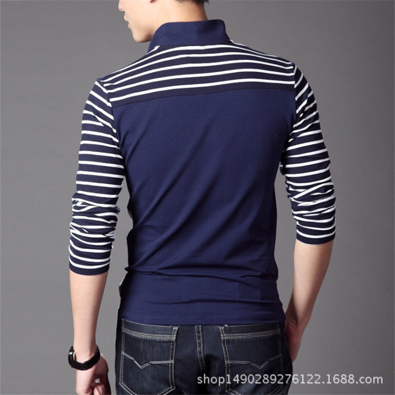 TFETTERS Spring Autumn Casual Men Long Sleeve T-shirt Cotton Elastic Slim Fit Dress T Shirt Men V-Neck Stripe Men Tops &amp; Tees