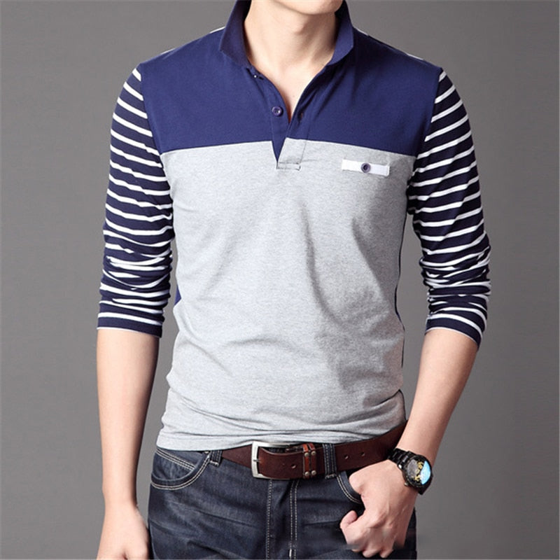 TFETTERS Spring Autumn Casual Men Long Sleeve T-shirt Cotton Elastic Slim Fit Dress T Shirt Men V-Neck Stripe Men Tops &amp; Tees