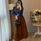 French Vintage Suit Fall Winter Two Pieces Set Women's Lapel Single-Breaste Belt Slim Denim Jacket Top+A Line Skirt Suit G237