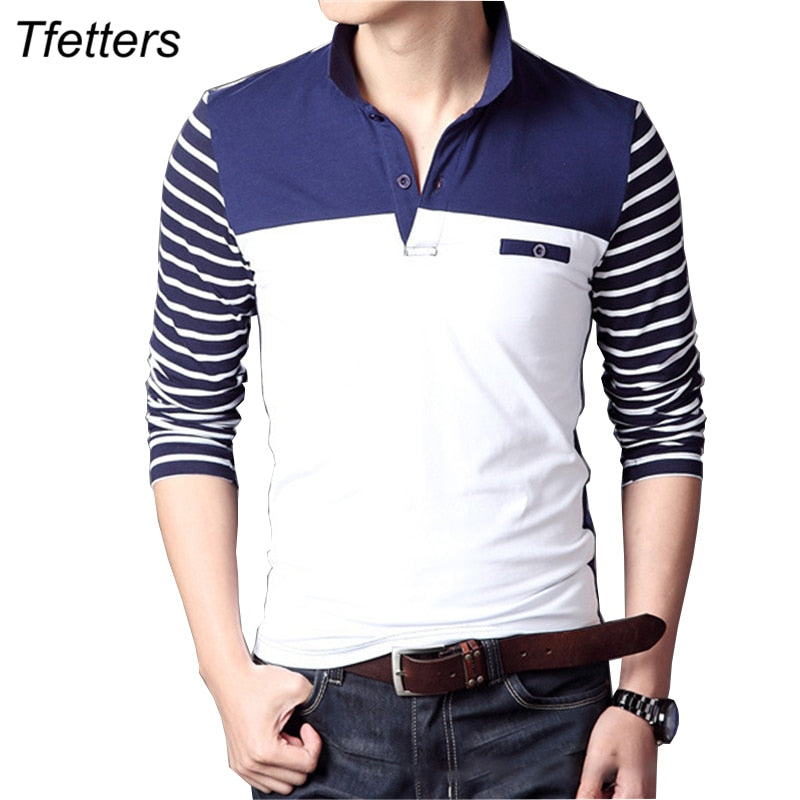 TFETTERS Spring Autumn Casual Men Long Sleeve T-shirt Cotton Elastic Slim Fit Dress T Shirt Men V-Neck Stripe Men Tops &amp; Tees