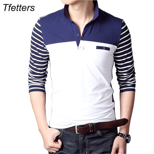 TFETTERS Spring Autumn Casual Men Long Sleeve T-shirt Cotton Elastic Slim Fit Dress T Shirt Men V-Neck Stripe Men Tops &amp; Tees