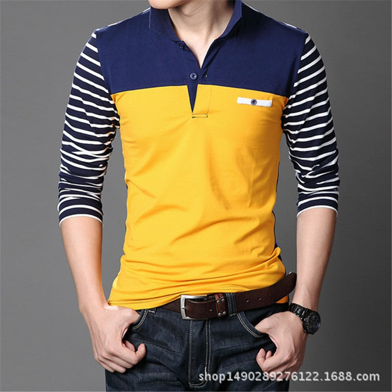 TFETTERS Spring Autumn Casual Men Long Sleeve T-shirt Cotton Elastic Slim Fit Dress T Shirt Men V-Neck Stripe Men Tops &amp; Tees