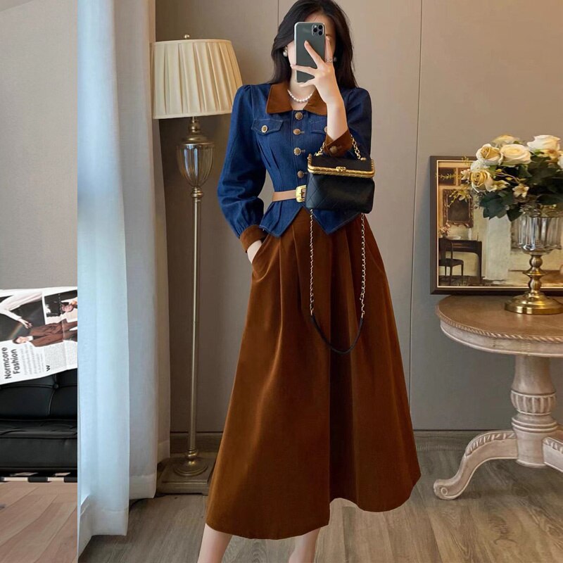 French Vintage Suit Fall Winter Two Pieces Set Women's Lapel Single-Breaste Belt Slim Denim Jacket Top+A Line Skirt Suit G237