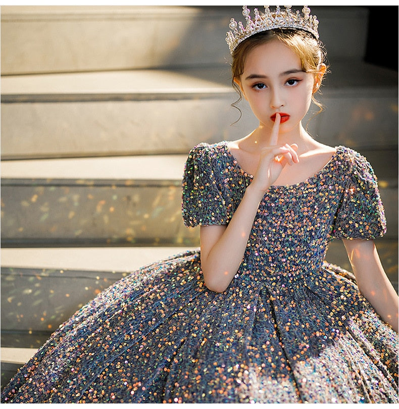 Princess Long Dress Girls Sequin Birthday Evening Weddings Prom Party Elegant Clothes Children Baptism Gown Show Dress For Kids