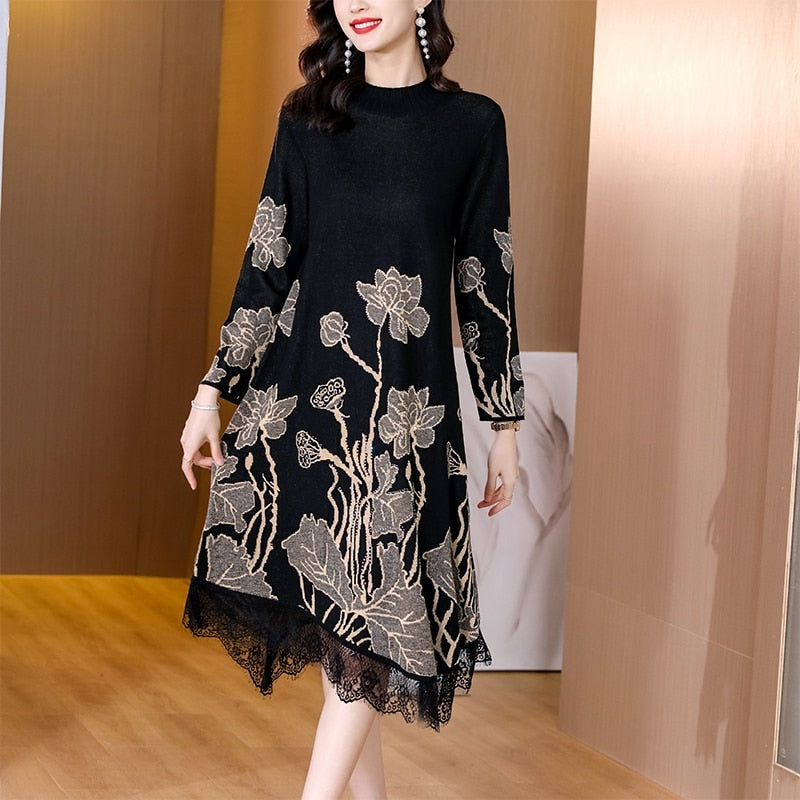 Winter Casual Elegant Warm Loose Jacquard Knited Sweater Dress 2022 Autumn Women Bodycon Turtleneck Long Wool Sweates