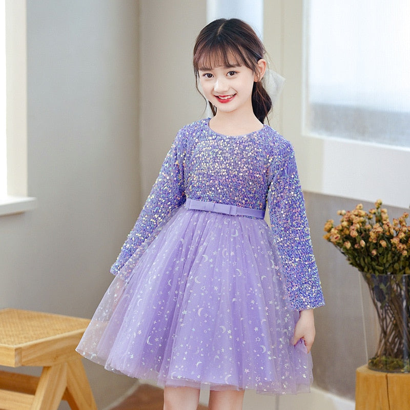 Girls Autumn Long Sleeve Sequin  Dresses 3-14Years
