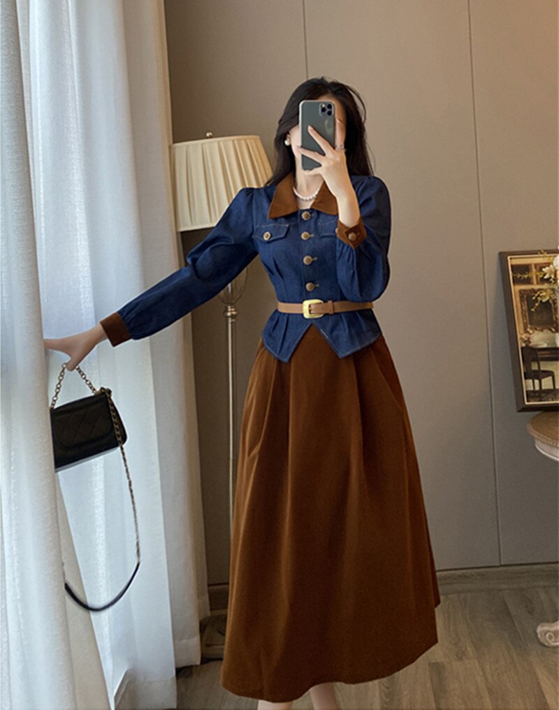 French Vintage Suit Fall Winter Two Pieces Set Women's Lapel Single-Breaste Belt Slim Denim Jacket Top+A Line Skirt Suit G237