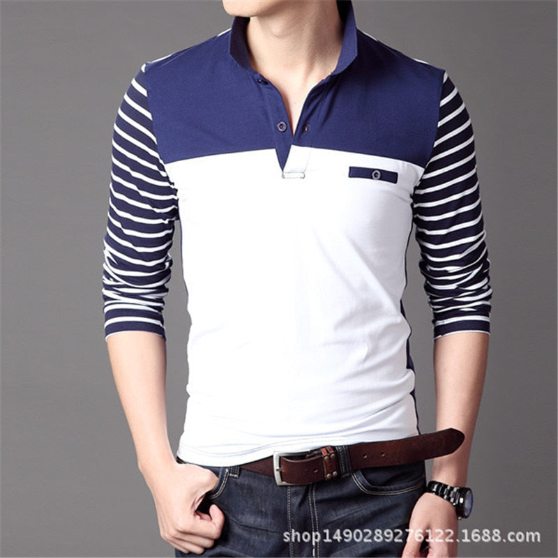 TFETTERS Spring Autumn Casual Men Long Sleeve T-shirt Cotton Elastic Slim Fit Dress T Shirt Men V-Neck Stripe Men Tops &amp; Tees