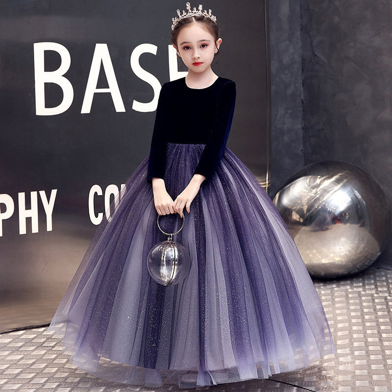 Kids Tulle Prom Ball Gowns Children's  Evening Dress Long Sleeve Polka Dot Mesh Girl Ball Gown Show Piano Party Princess Dresses