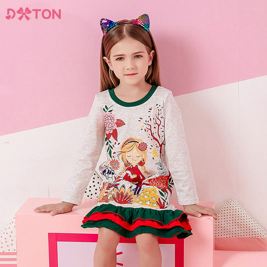 DXTON Children 100% Cotton Dress Girls Flower Print Dresses Long Sleeve Autumn Spring Casual Clothes Toddler Cartoon Dresses