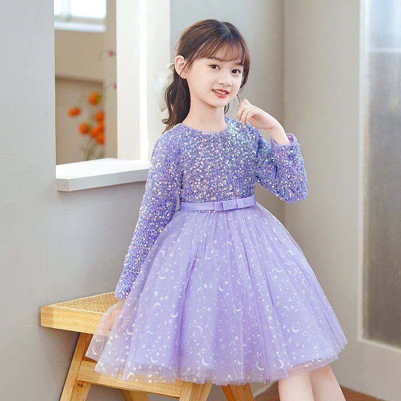 Girls Autumn Long Sleeve Sequin  Dresses 3-14Years