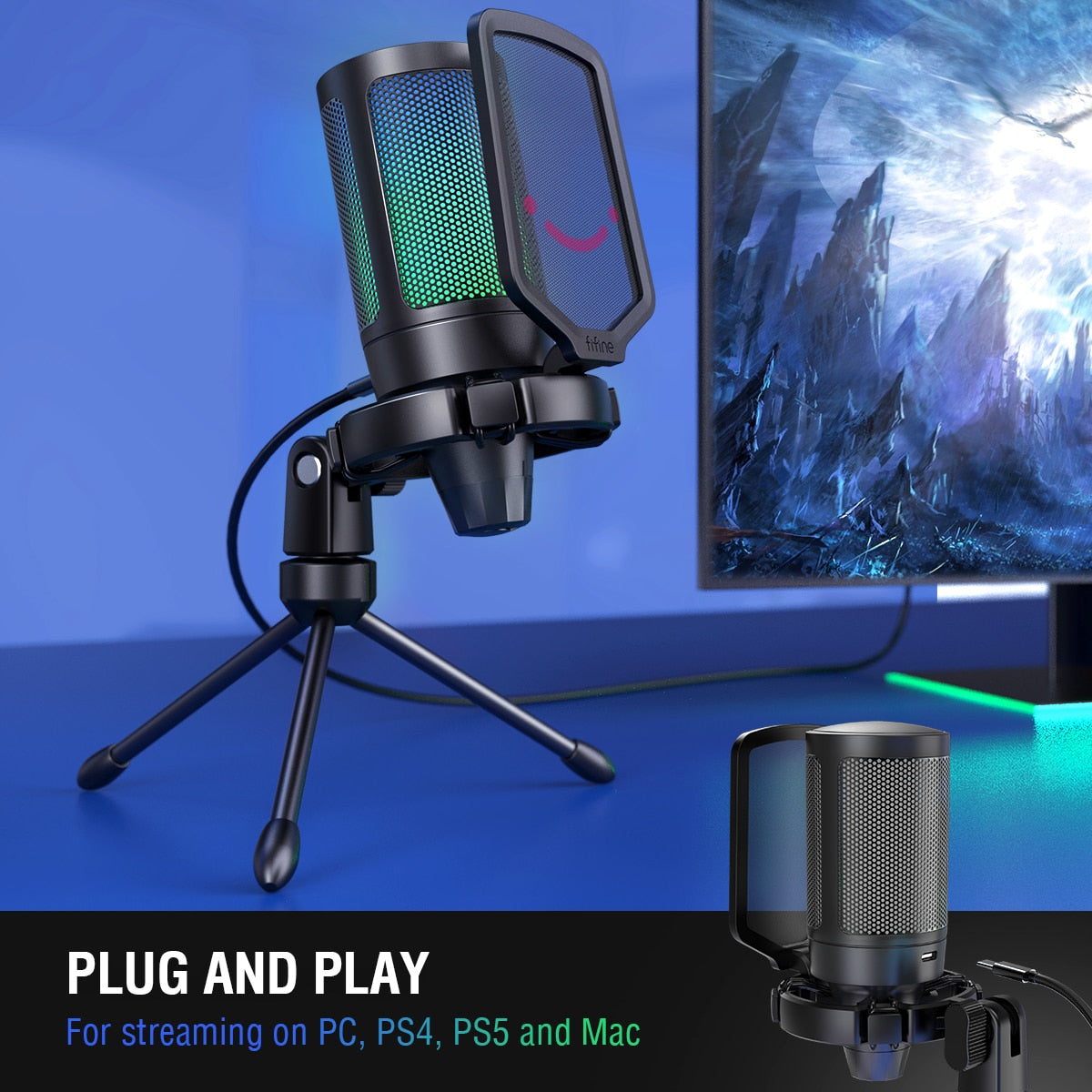 FIFINE USB Condenser Gaming Microphone, for PC PS4 PS5 MAC with Pop Filter Shock Mount&amp;Gain Control for Podcasts