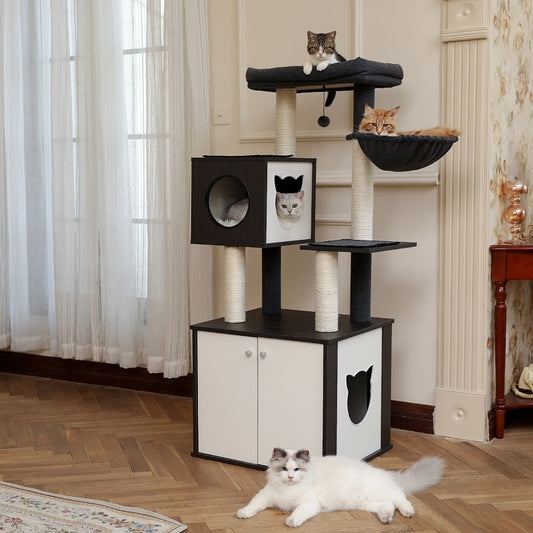 Arbre à Chat en Bois de Luxe, Nid de Chaton, Tour d'Escalade avec Poteau à Gratter, Plateforme de Jeu, Maison