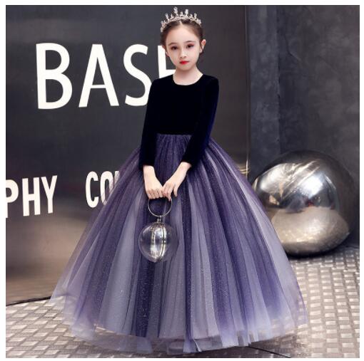 Kids Tulle Prom Ball Gowns Children's  Evening Dress Long Sleeve Polka Dot Mesh Girl Ball Gown Show Piano Party Princess Dresses