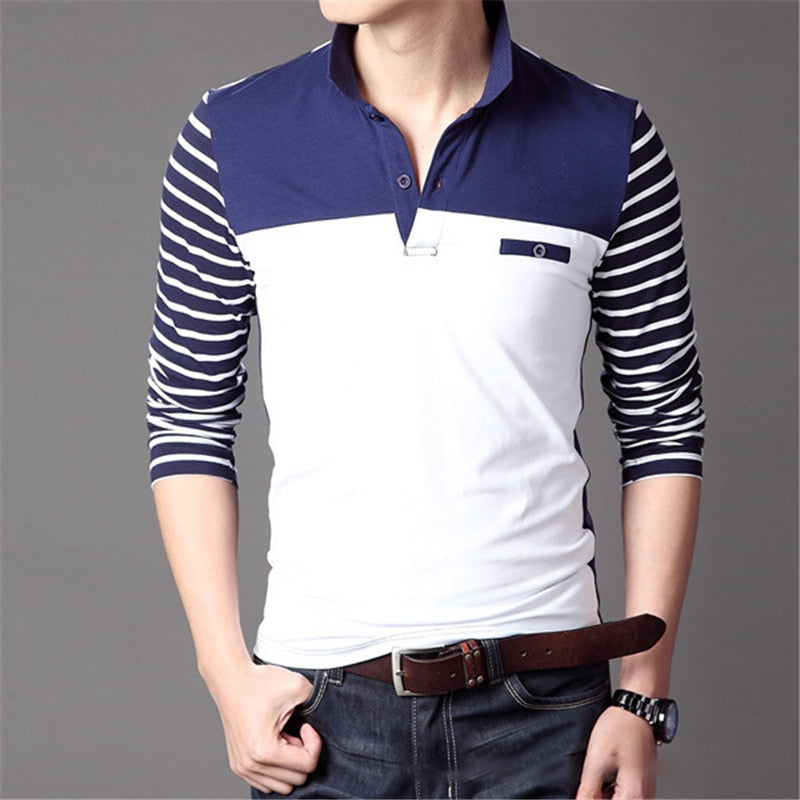 TFETTERS Spring Autumn Casual Men Long Sleeve T-shirt Cotton Elastic Slim Fit Dress T Shirt Men V-Neck Stripe Men Tops &amp; Tees