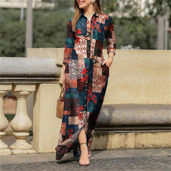 Women's Casual Floral Print Midi Shirt Dress