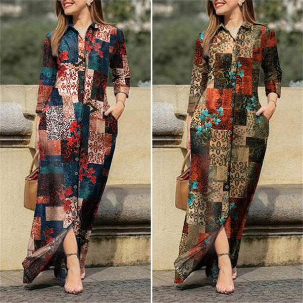 Women's Casual Floral Print Midi Shirt Dress